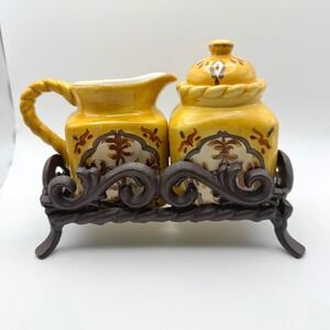 Artimino Tuscan Countryside Siena Yellow Sugar And Creamer With Iron Stand